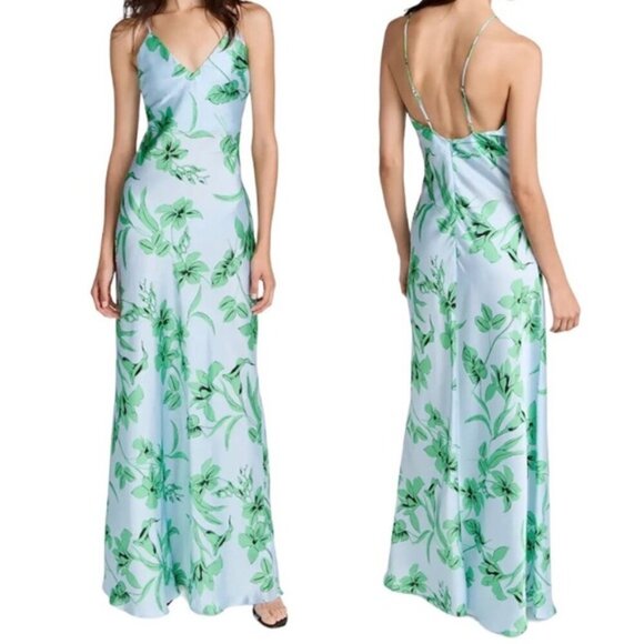 Ramy Brook Rowe Maxi Dress Floral Blue Green Satin V Neck Size 2 - Picture 2 of 7